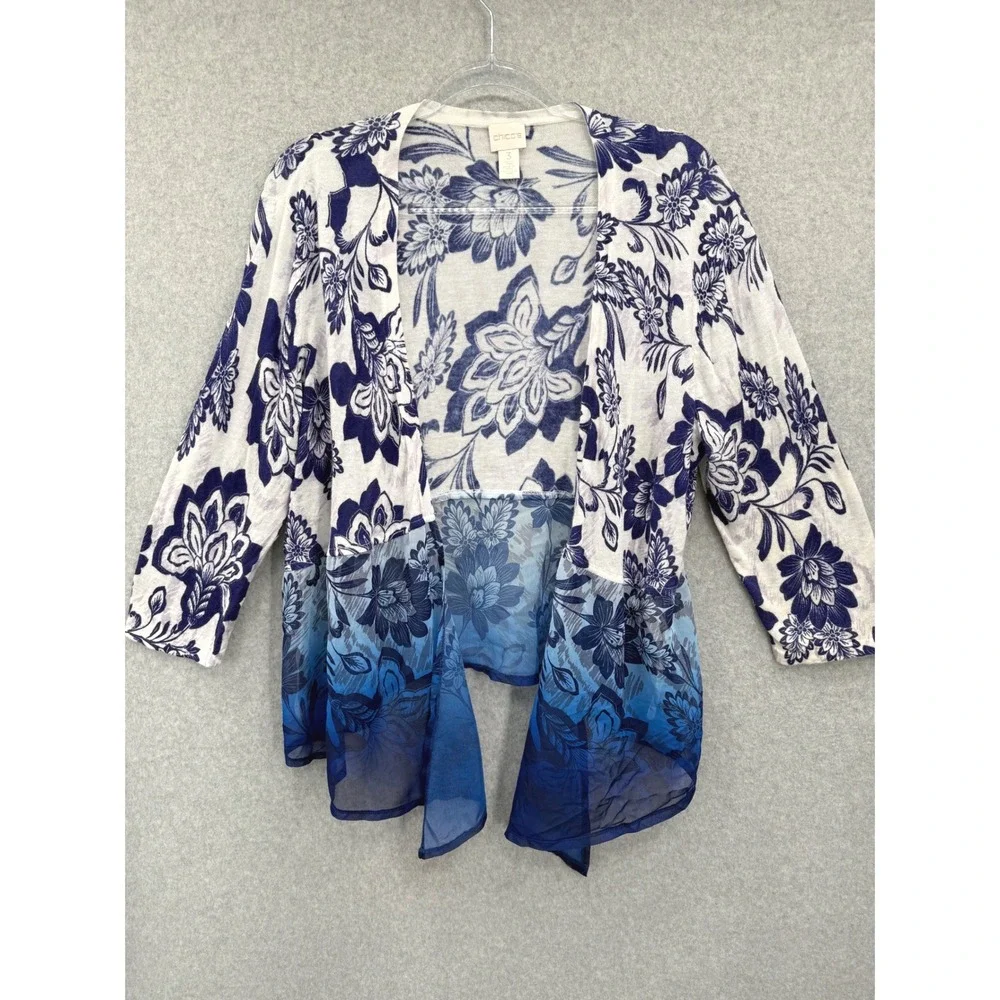 Chico's Cardigan Women Size 3 US XL Blue Floral Ombre Open Front Sheer Hem